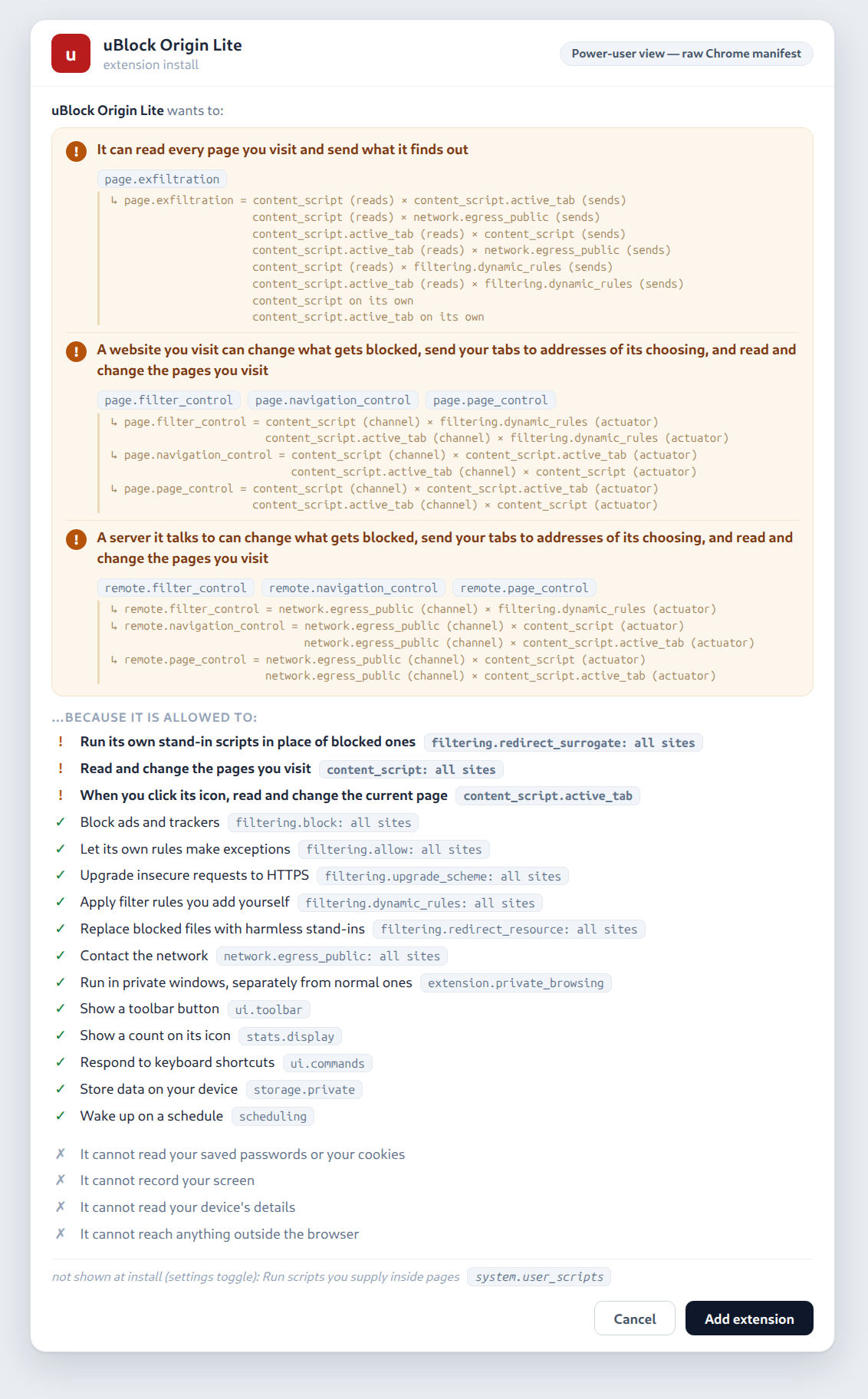 Install dialog for uBlock Origin Lite's raw Chrome manifest, power-user view: three large derived warning blocks including page.exfiltration, page.filter_control and remote.page_control